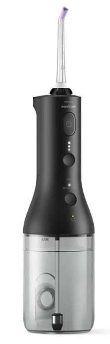 Czarny i przezroczysty irygator do zębów Philips Sonicare. Ma fioletową końcówkę, przyciski i zbiornik na wodę. Białe tło.