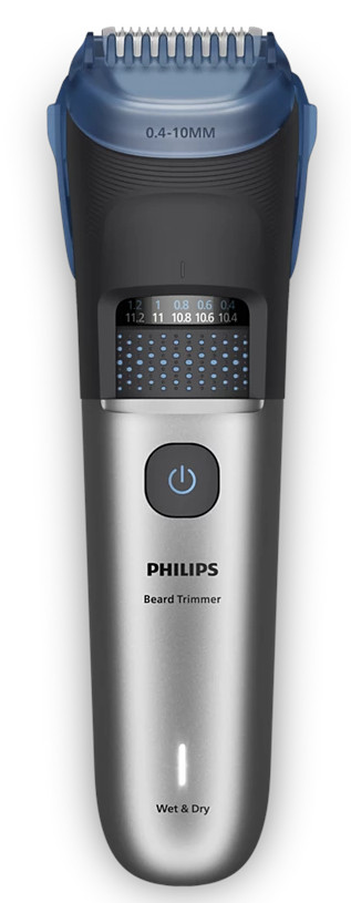 Trymer do brody Philips. Ma niebieskie akcenty, cyfrowy wyświetlacz i przycisk zasilania. Trymer jest srebrno-czarny.