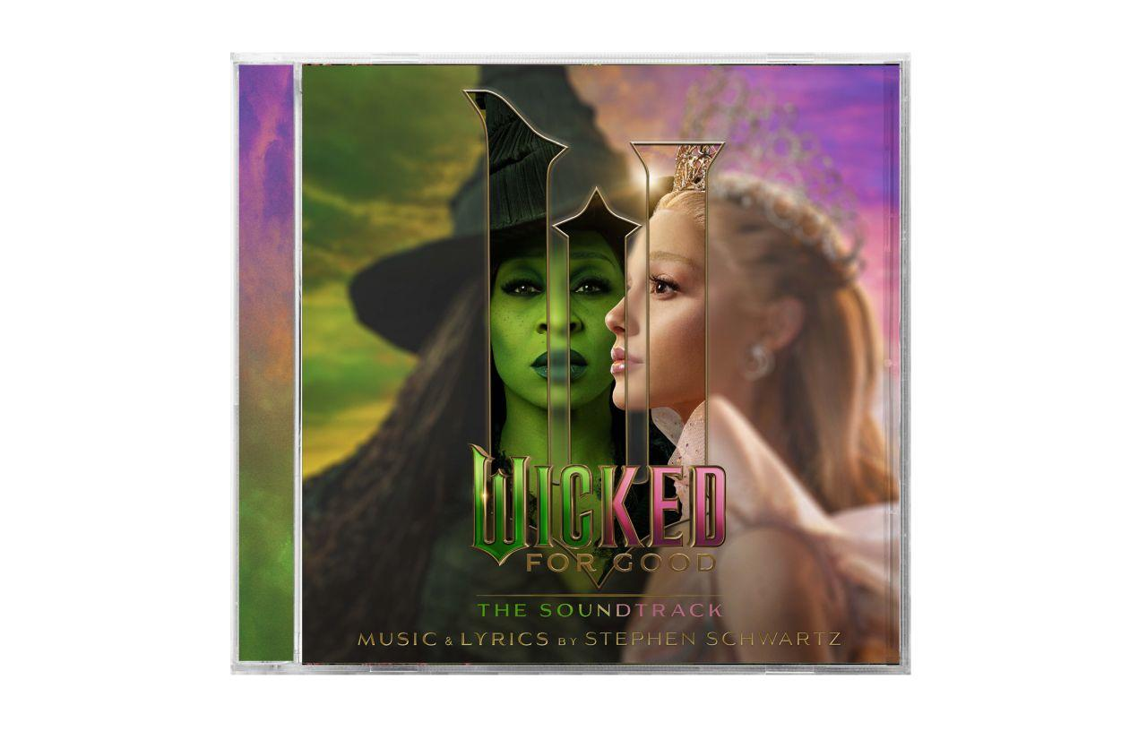 CD-Cover des Wicked-Soundtracks. Mit grün gehäuteter Hexe und blondhaariger Frau. Der Titel lautet 'Wicked For Good'.