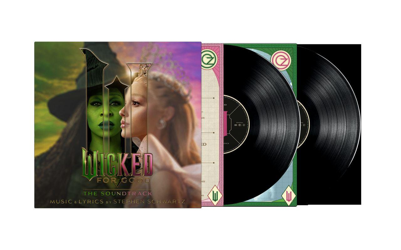 Albumcover für den Soundtrack von 'Wicked'. Zeigt zwei Frauen, eine grünhäutig, die andere blond. Vinylplatten sind rechts sichtbar.
