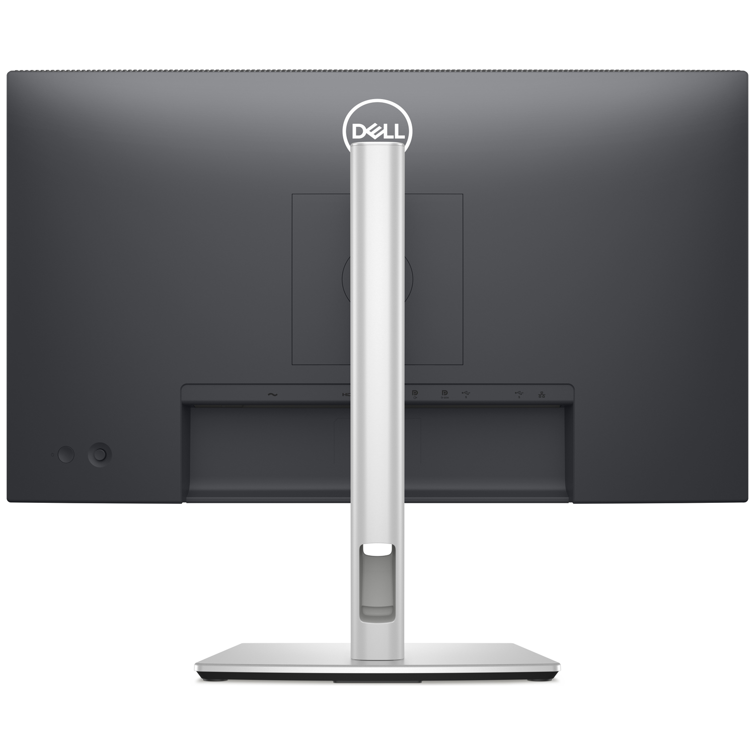 L'arrière d'un moniteur Dell est montré. Il possède un pied, une colonne argentée et un écran noir avec le logo Dell. Divers ports sont visibles.