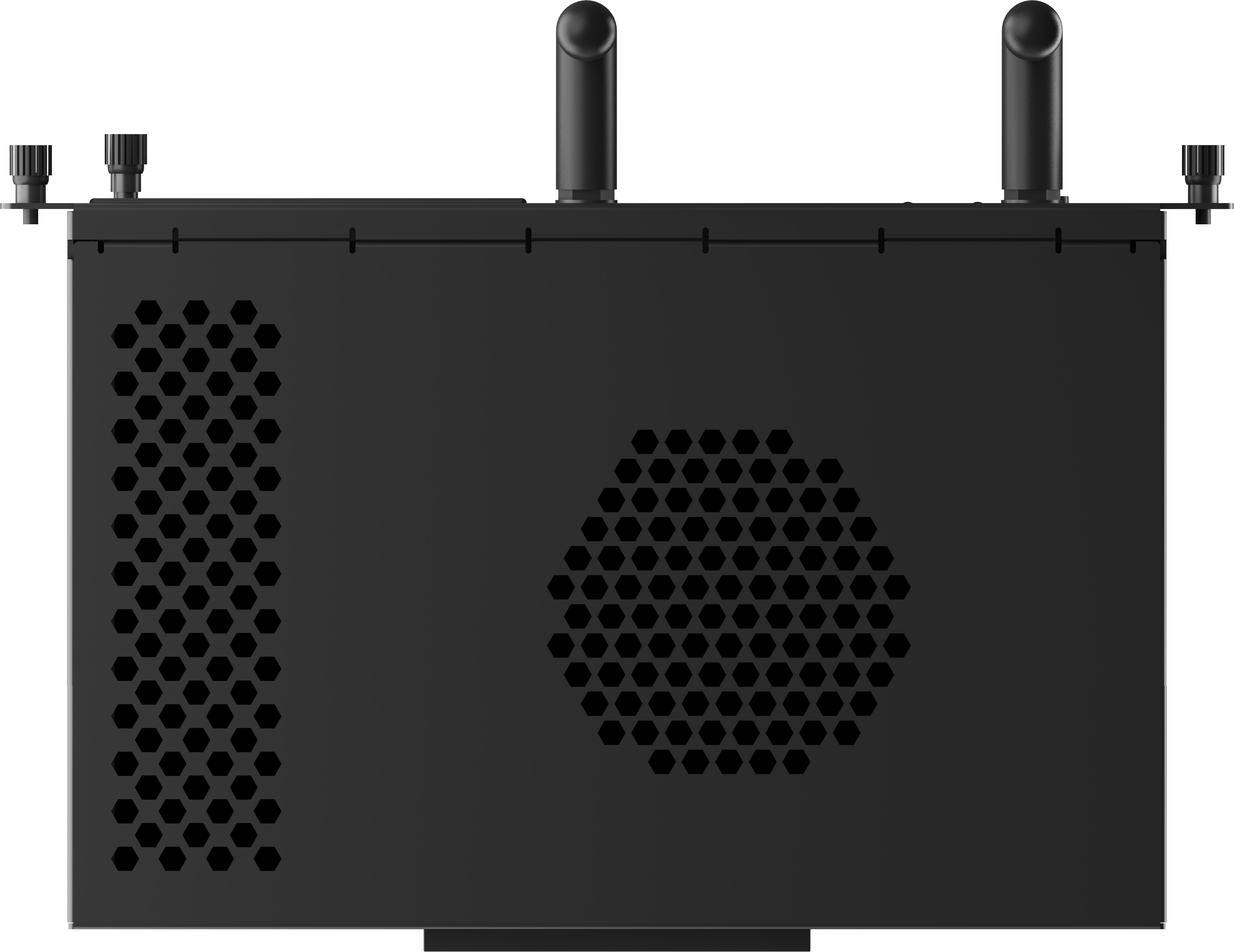 Schwarzer Server mit Lüftungslöchern, zwei Antennen und zwei schraubenartigen Aufsätzen auf weißem Grund.