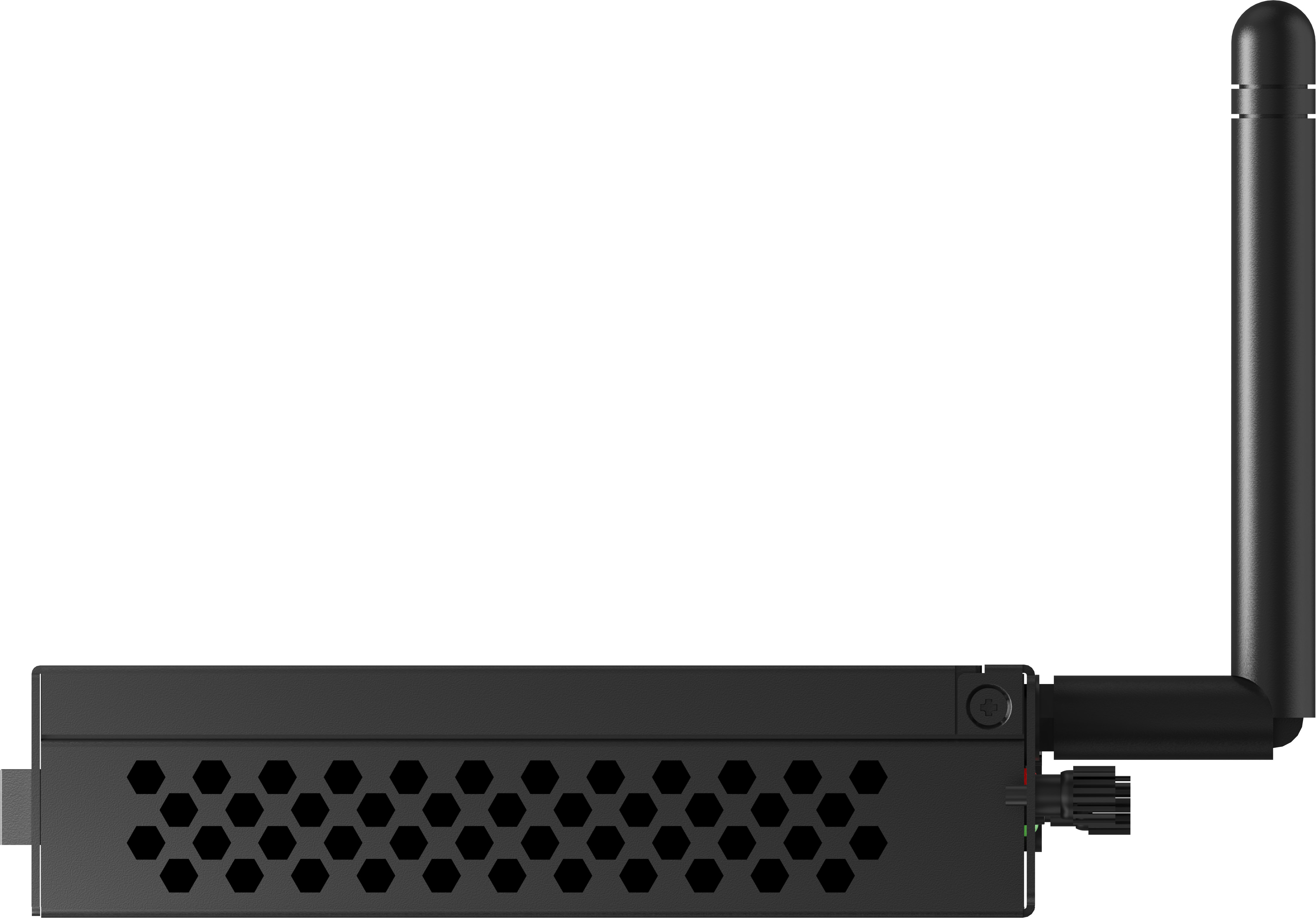 Ein schwarzer Router mit Antenne auf weißem Hintergrund. Der Router hat ein Wabenmuster und Anschlüsse.