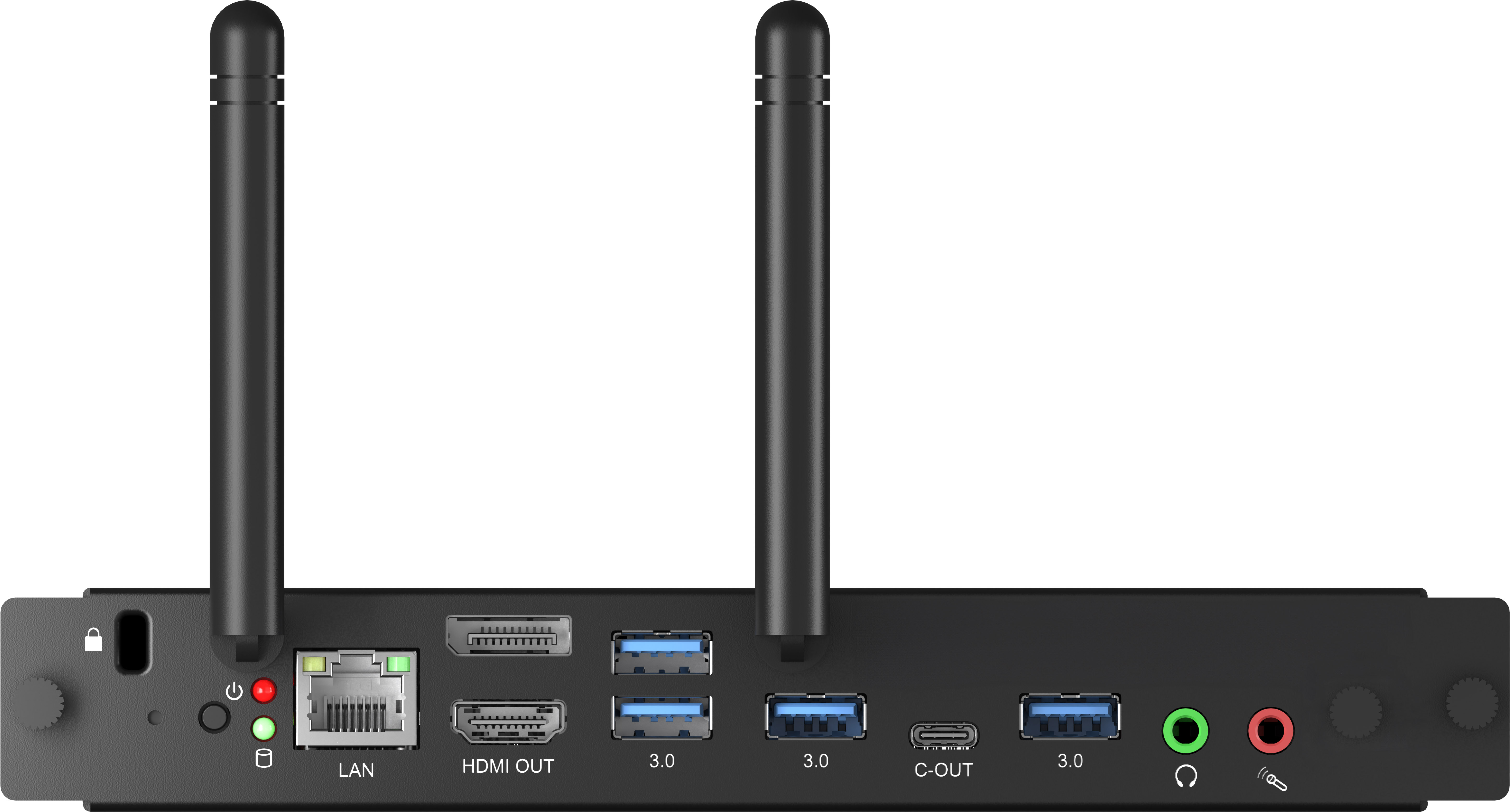 Ein schwarzes Gerät mit zwei Antennen, verschiedenen Anschlüssen (HDMI, USB, LAN) und Audiobuchsen. Power- und Status-LEDs sind sichtbar.