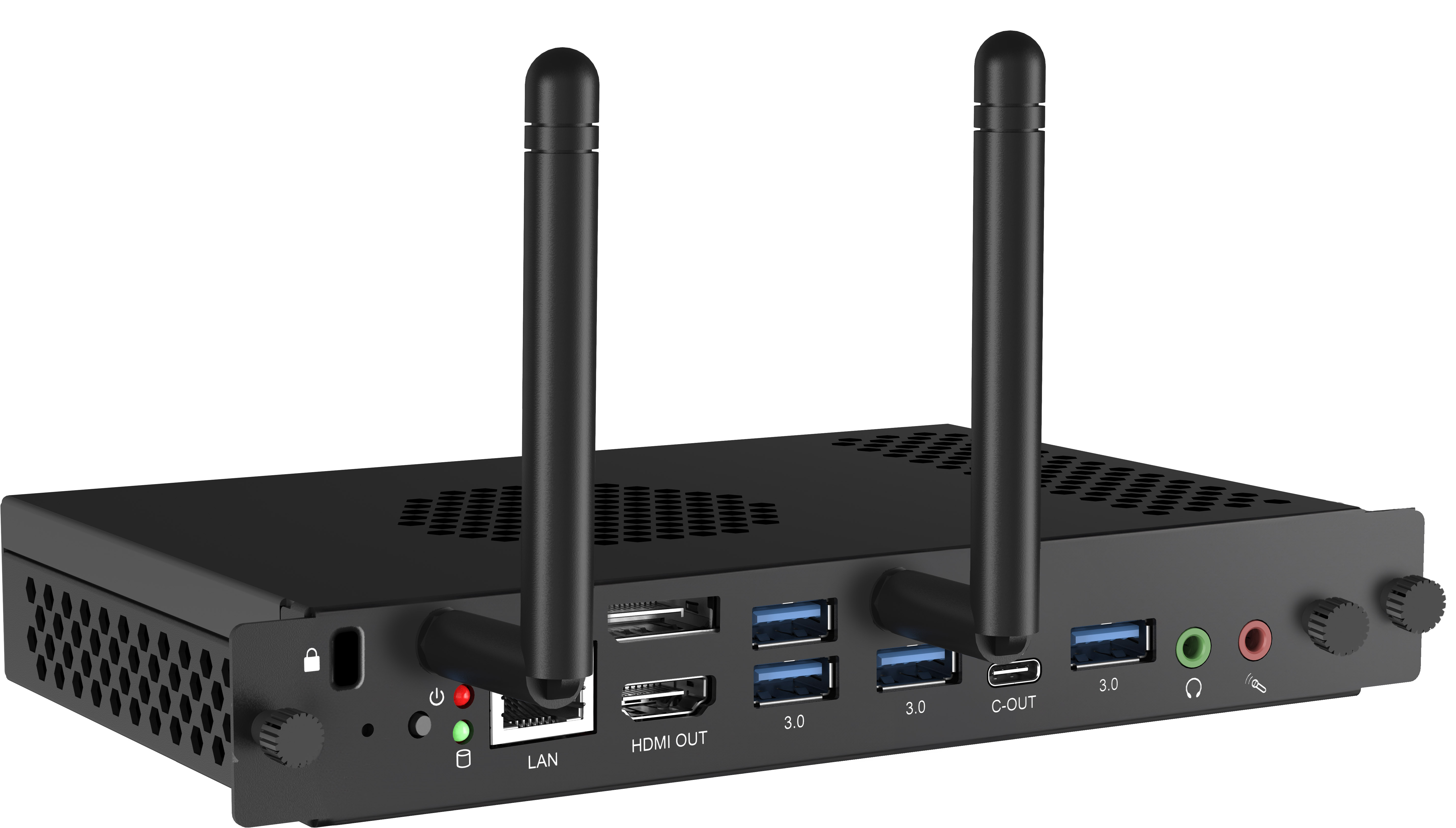 Ein schwarzes Computergerät mit zwei Antennen, verschiedenen Anschlüssen und einem Einschaltknopf. Auf weißem Hintergrund.