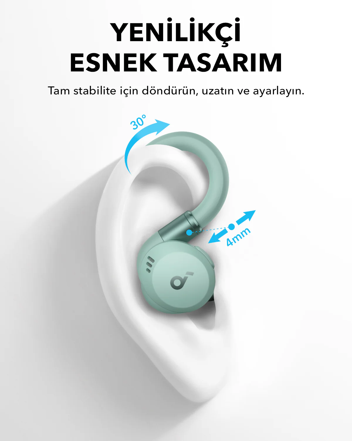 Beyaz bir kulağa takılan turkuaz bir kulaklık. Metin 'Yenilikçi Esnek Tasarım' yazıyor. Oklar, ayarlama açılarını gösteriyor.