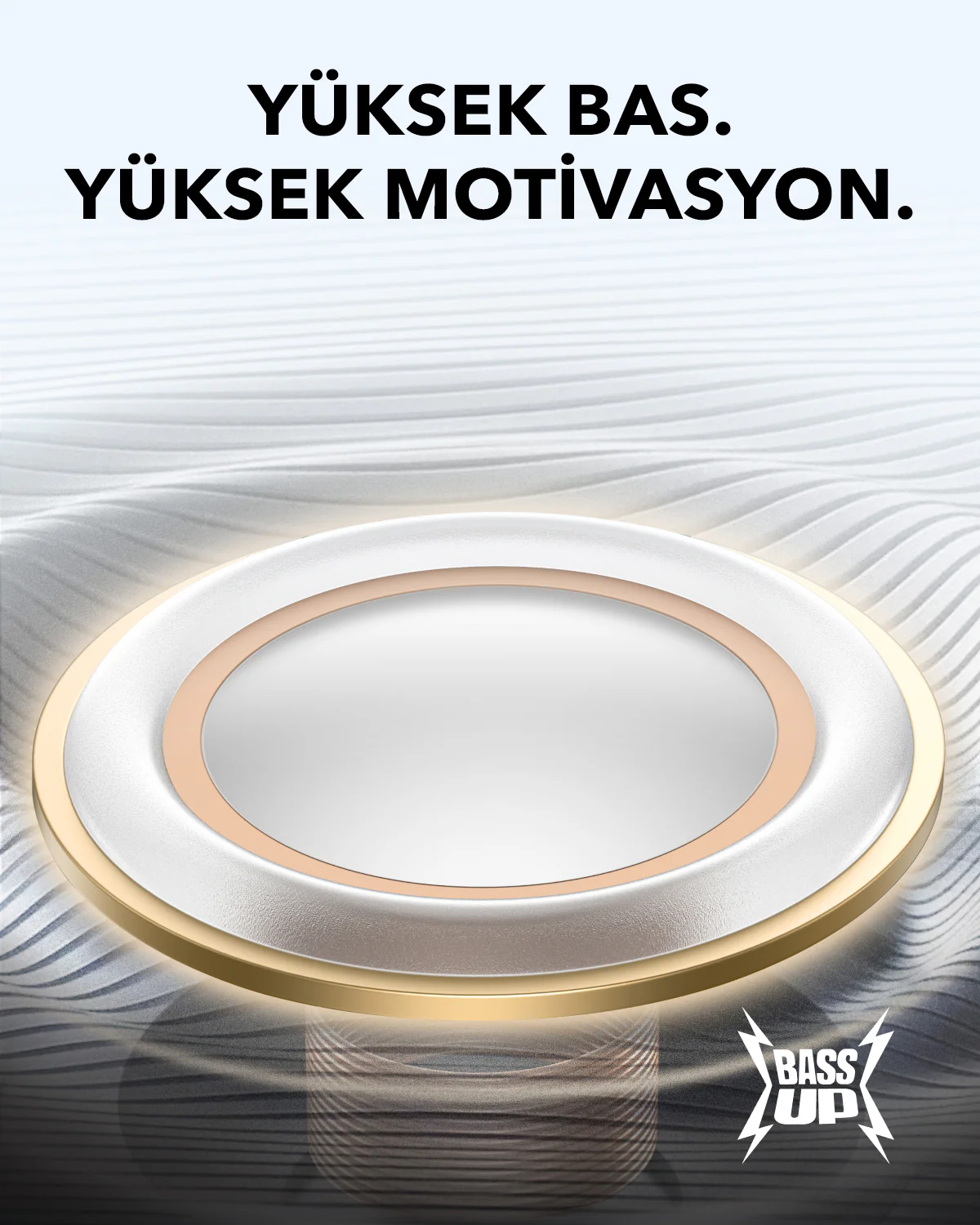 Dairesel bir tasarıma sahip soyut bir görüntü. 'YUKSEK BAS. YUKSEK MOTIVASYON.' metni ile beyaz, altın ve bakır bir tasarıma sahip.