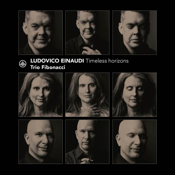 Albumcover mit neun Porträtfotos. Drei Männer, drei Frauen und drei kahle Männer sind abgebildet. Text: 'Ludovico Einaudi' und 'Timeless horizons'.