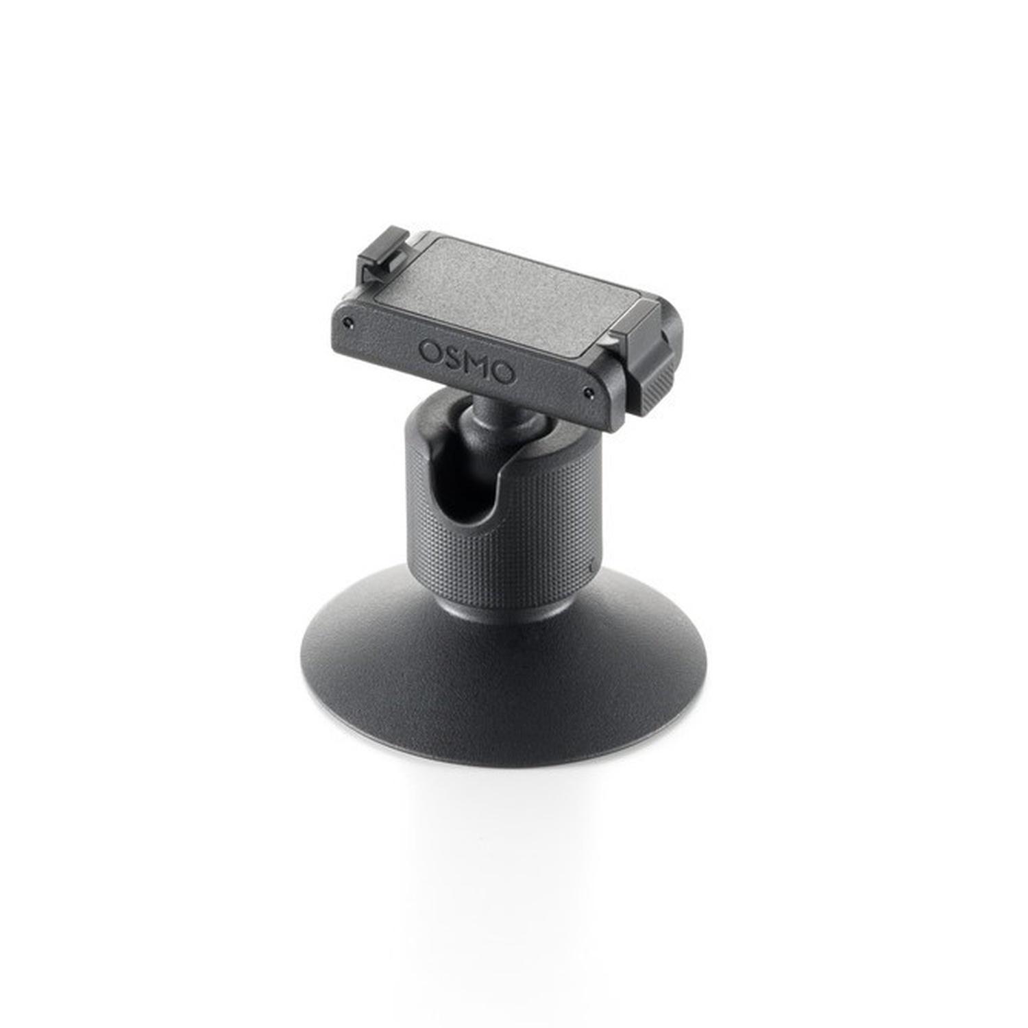 Een zwarte Osmo telefoonhouder op een witte achtergrond. Het heeft een zuignapbasis en een draaibare kop voor een telefoon.