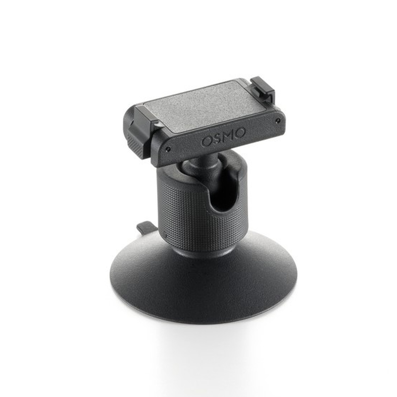 Een zwarte Osmo telefoonhouder, met een zuignap. De houder is verbonden met een getextureerde nek, met de merknaam erboven.
