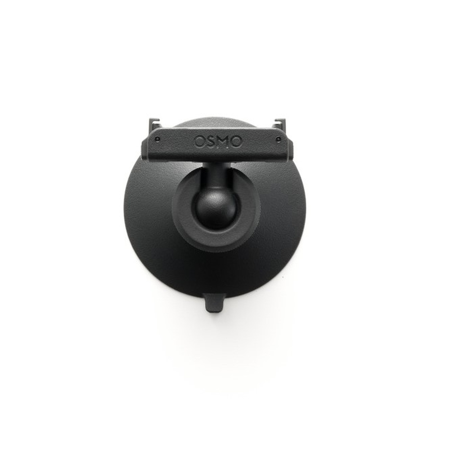 Een zwarte Osmo camerabevestiging, bovenaanzicht. Het heeft een zuignapvoet, een kogelgewricht en een beugel met het Osmo-logo.
