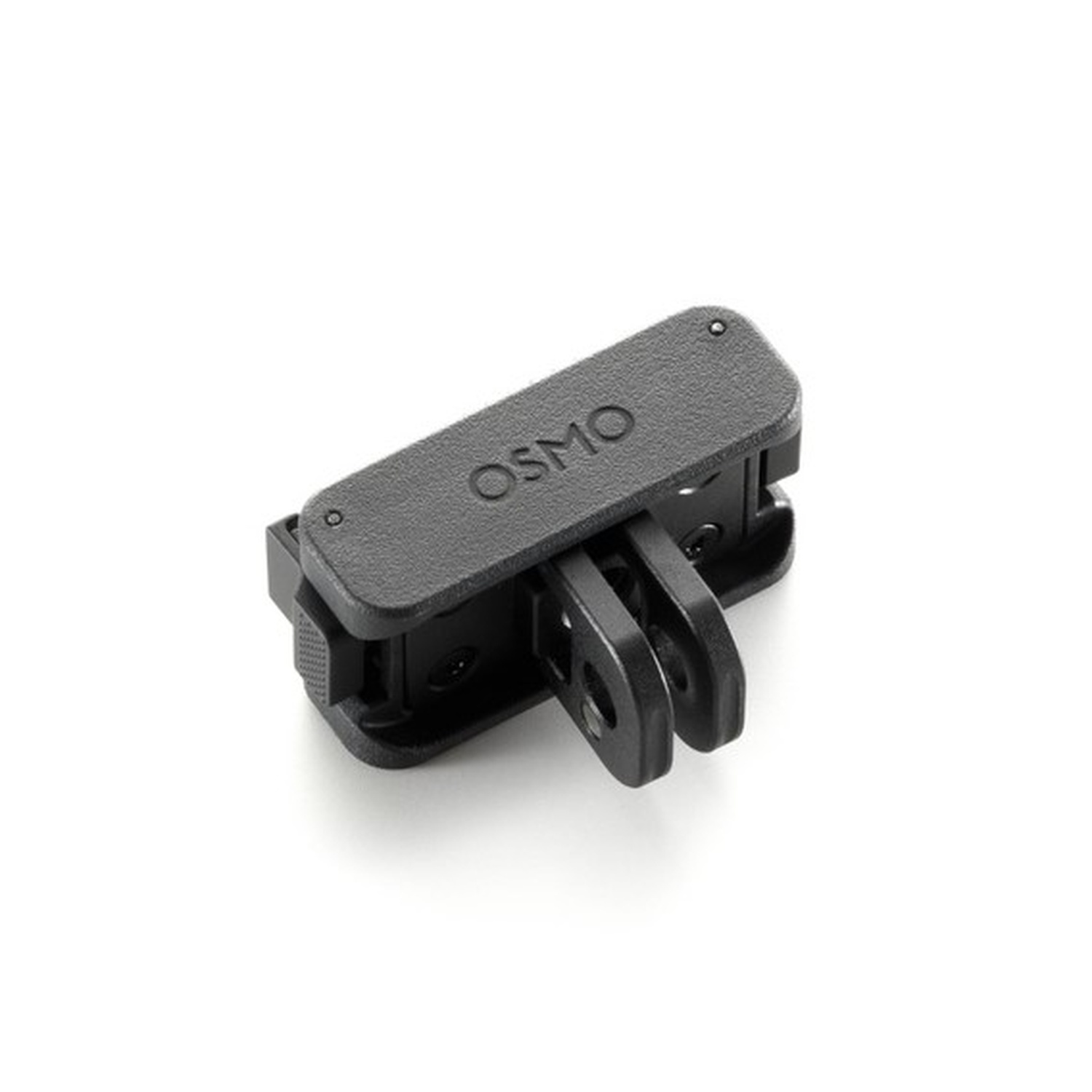 Zwarte cameramontageadapter met 'OSMO'-merk op witte achtergrond. Het heeft twee pinnen en meerdere verbindingspunten.