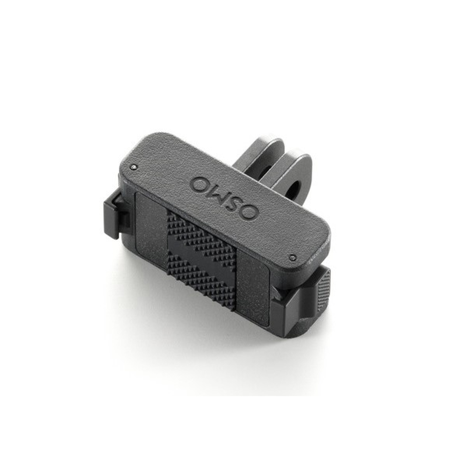 Een zwarte Osmo camerabevestiging op een wit oppervlak. Het is een rechthoekig apparaat met een gestructureerd oppervlak.