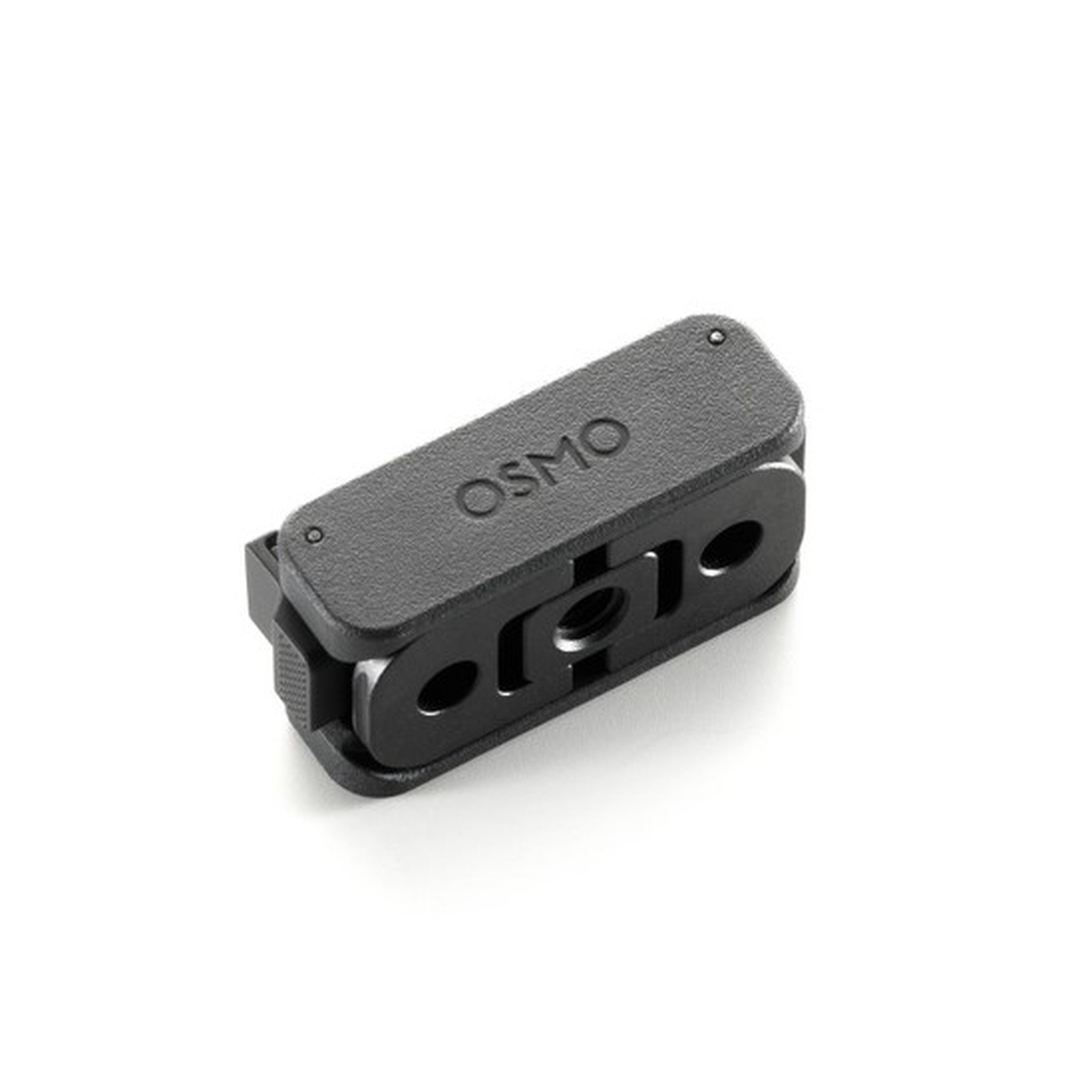Een zwart Osmo-accessoire. Het object is rechthoekig, met afgeronde hoeken en gaten. Het ligt op een witte achtergrond.