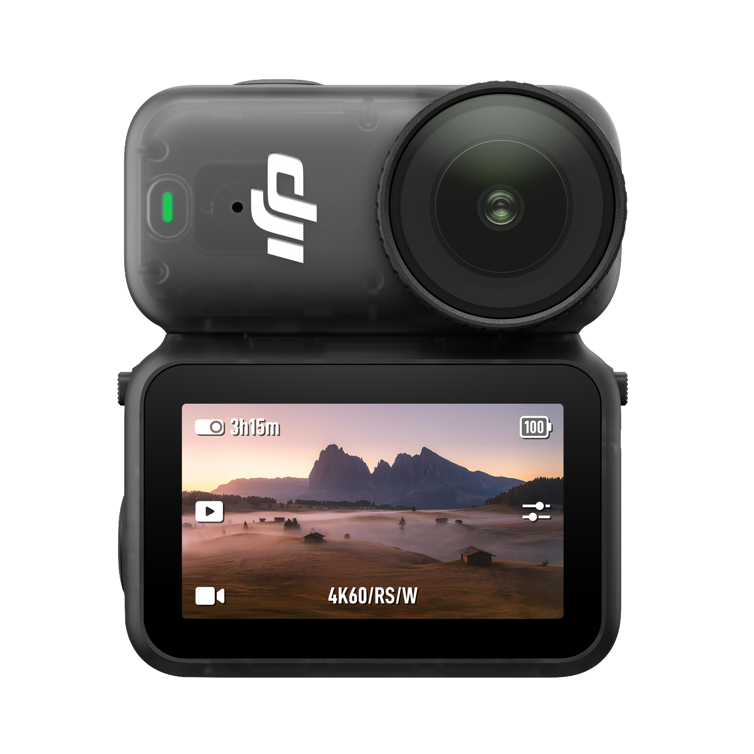 Een zwarte action cam met een scherm dat een landschap toont. Het heeft een lens, aan/uit-knop en het DJI-logo.