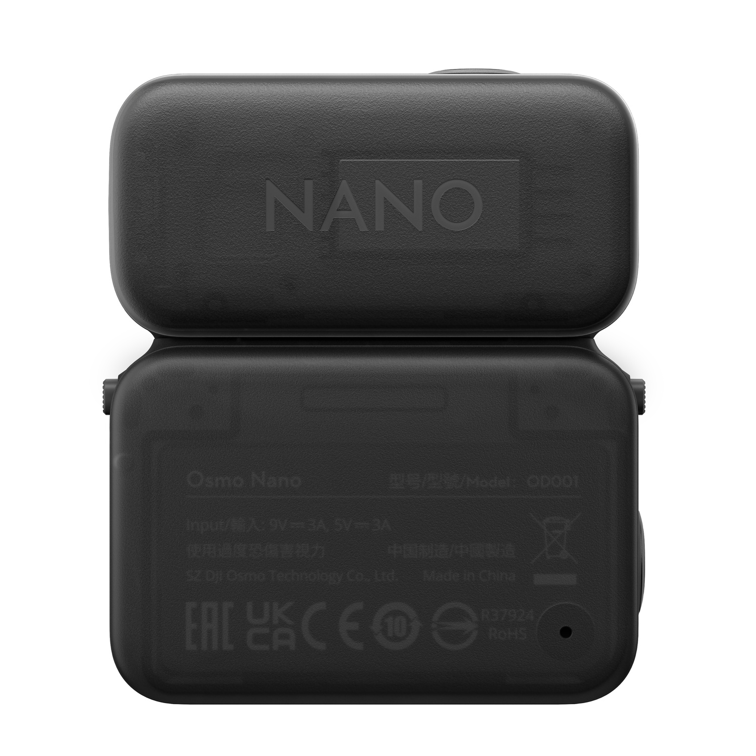 Zwart rechthoekig apparaat met "NANO" bovenop. Onderop "Osmo Nano" en details.