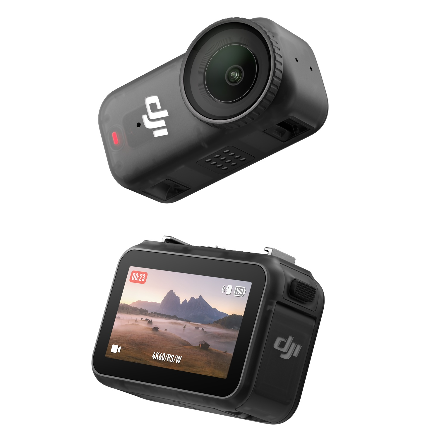 Twee zwarte actiecamera's. Eén camera toont een lens en de andere toont een schilderachtig uitzicht op bergen en huizen op het scherm.