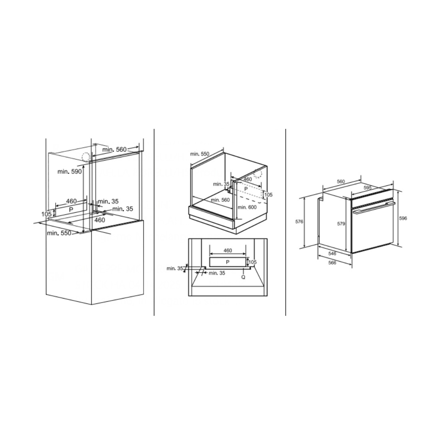 Disegni tecnici con misure di un forno a incasso, che mostrano le dimensioni in millimetri per l'installazione.