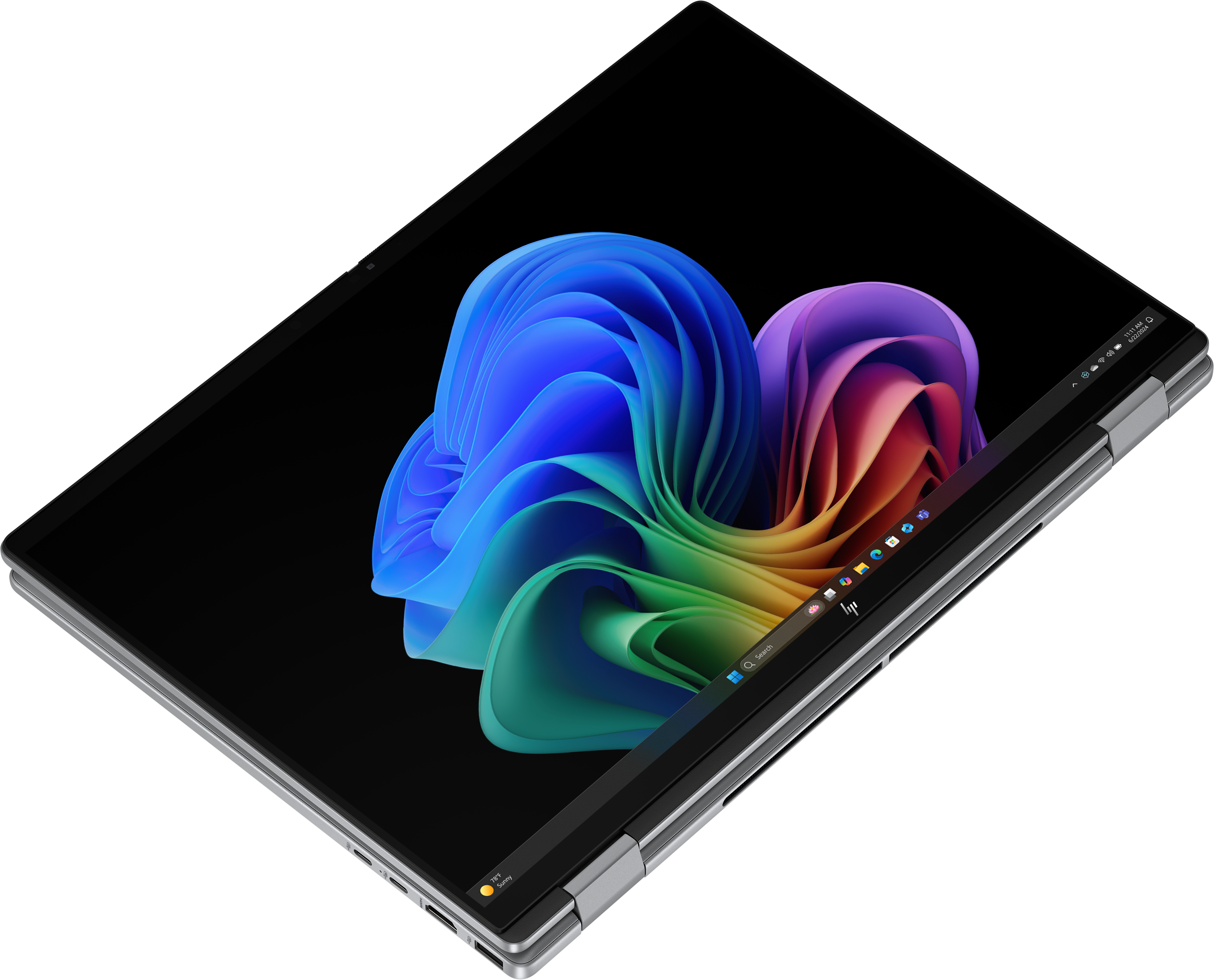 Ein Laptop ist geöffnet und zeigt ein farbenfrohes, wirbelndes Design. Der Hintergrund ist schwarz.