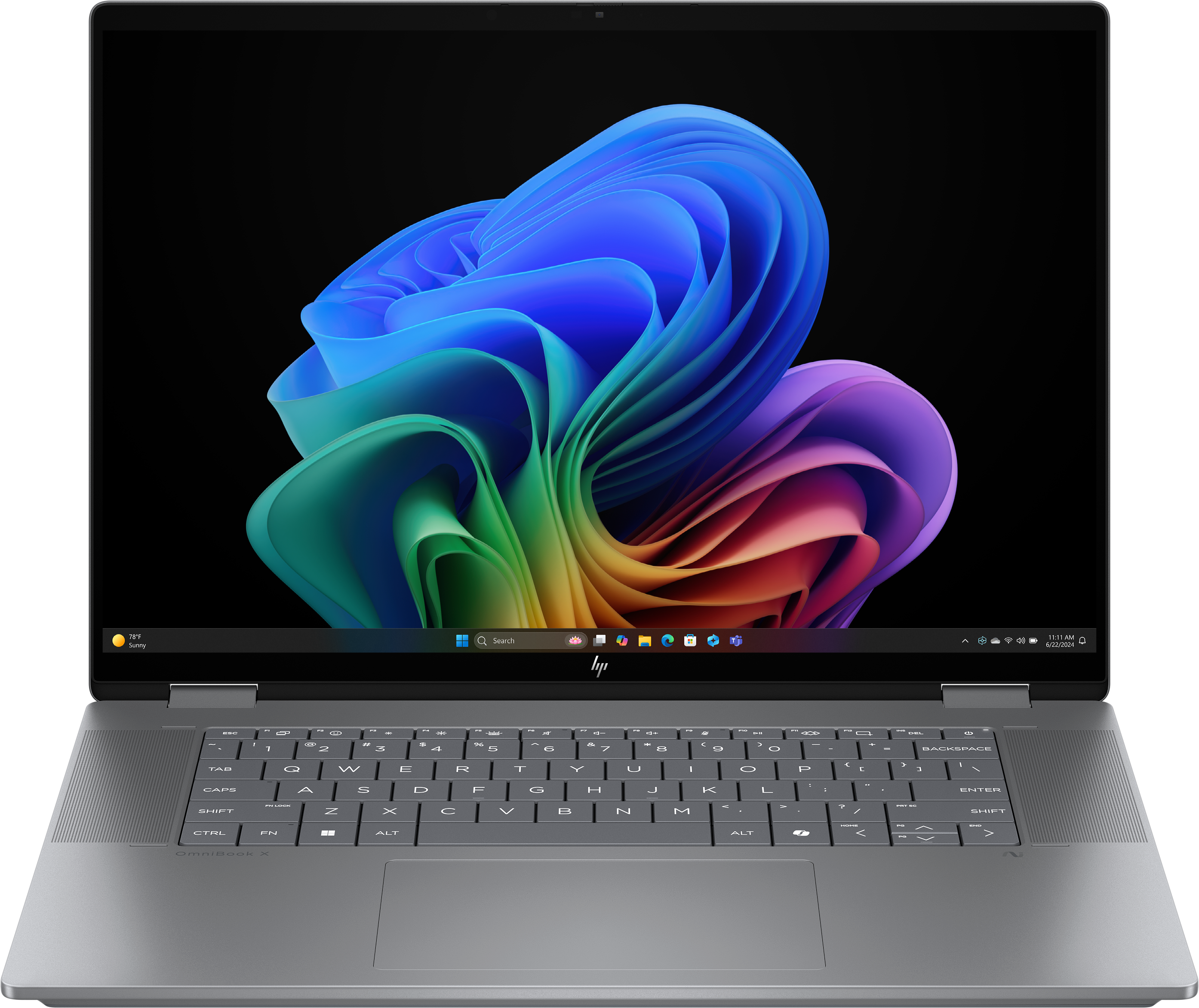 Ein Laptop mit farbenfrohem, abstraktem Hintergrund auf dem Bildschirm. Tastatur und Touchpad sind sichtbar.