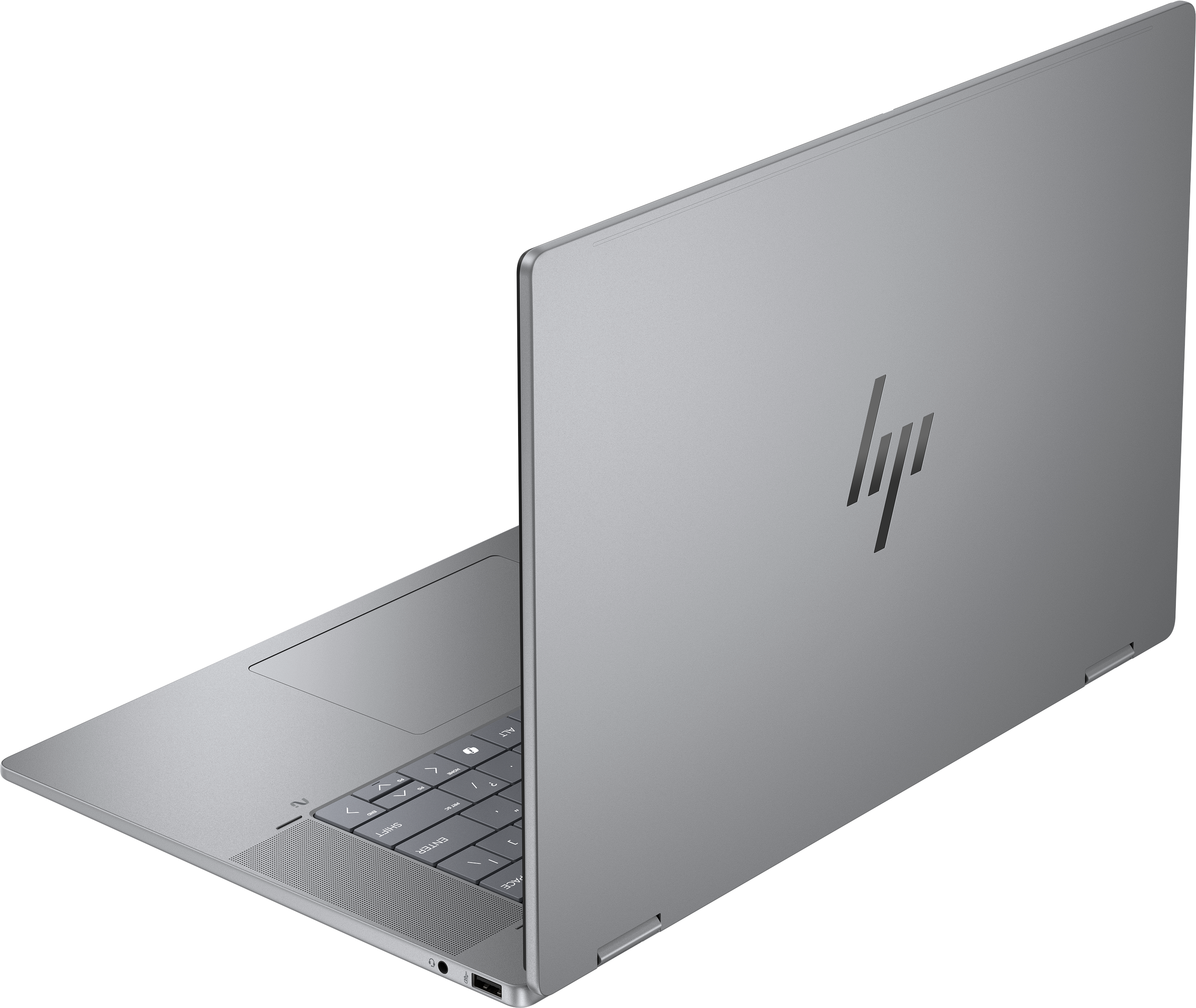 Ein silberner Laptop ist geöffnet und zeigt Tastatur und Bildschirm. Das HP-Logo ist sichtbar.