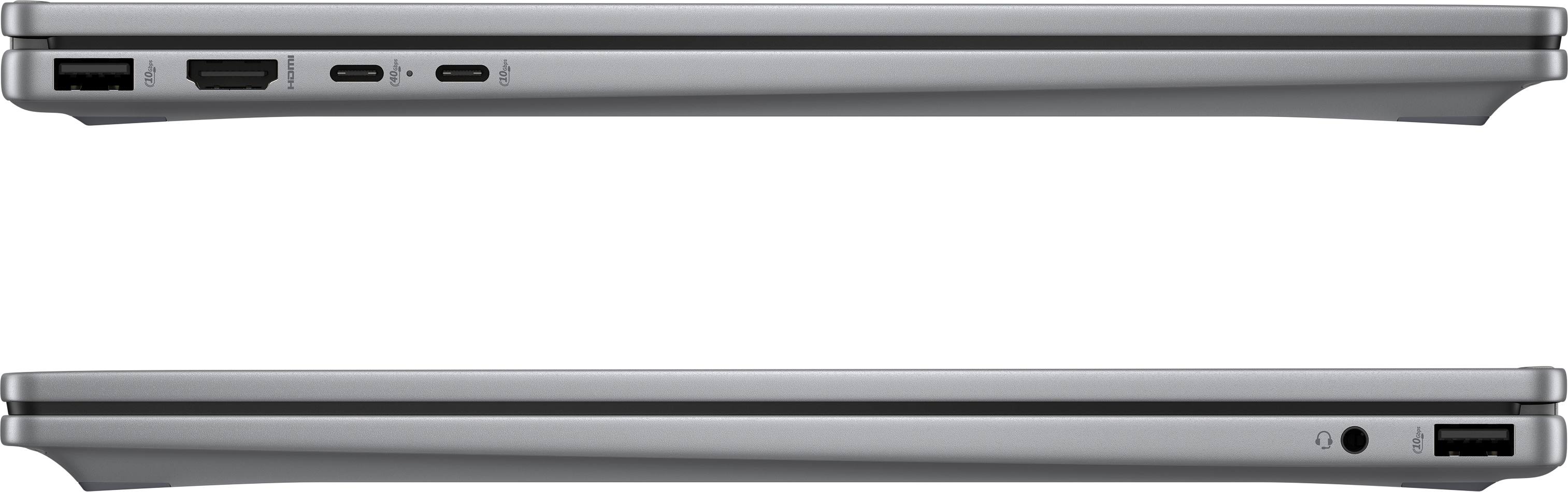 Seitenansicht eines silbernen Laptops mit Anschlüssen wie USB, HDMI und USB-C auf schwarzem Hintergrund.