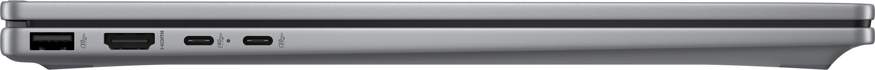 Seitenansicht eines silbernen Geräts mit mehreren Anschlüssen. Zu den Anschlüssen gehören USB, HDMI und USB-C, mit Spezifikationen.