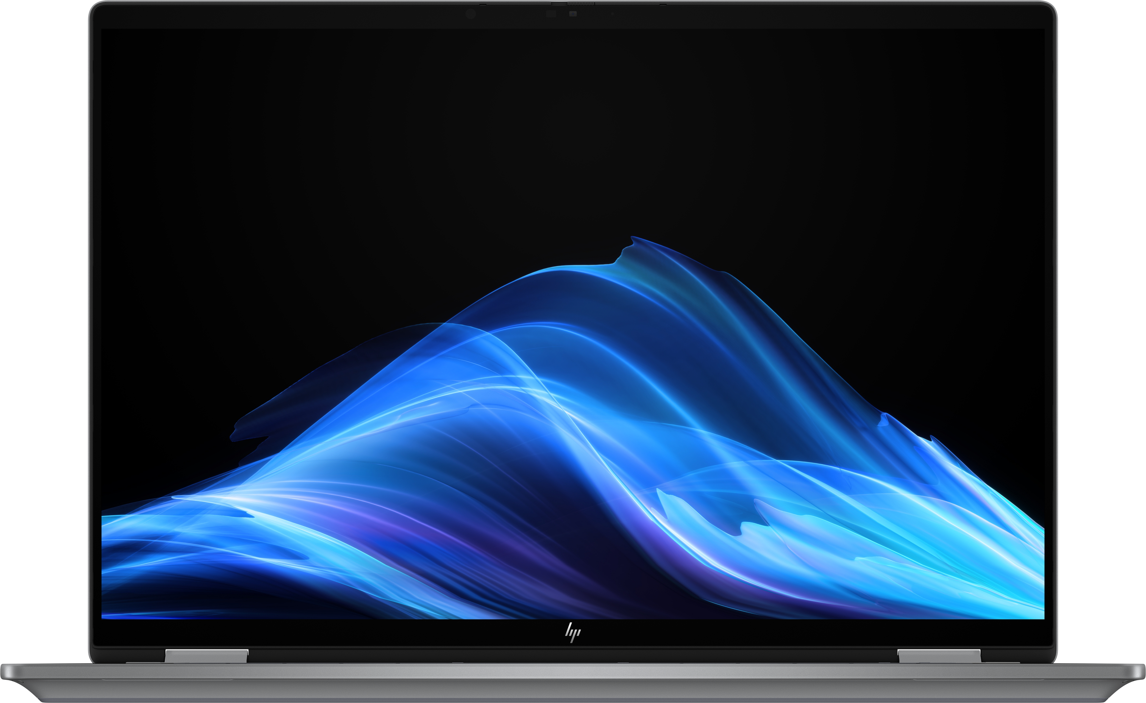 Ein silberner Laptop zeigt abstrakte Kunst in Blau und Lila auf schwarzem Hintergrund. Das HP-Logo ist unten.