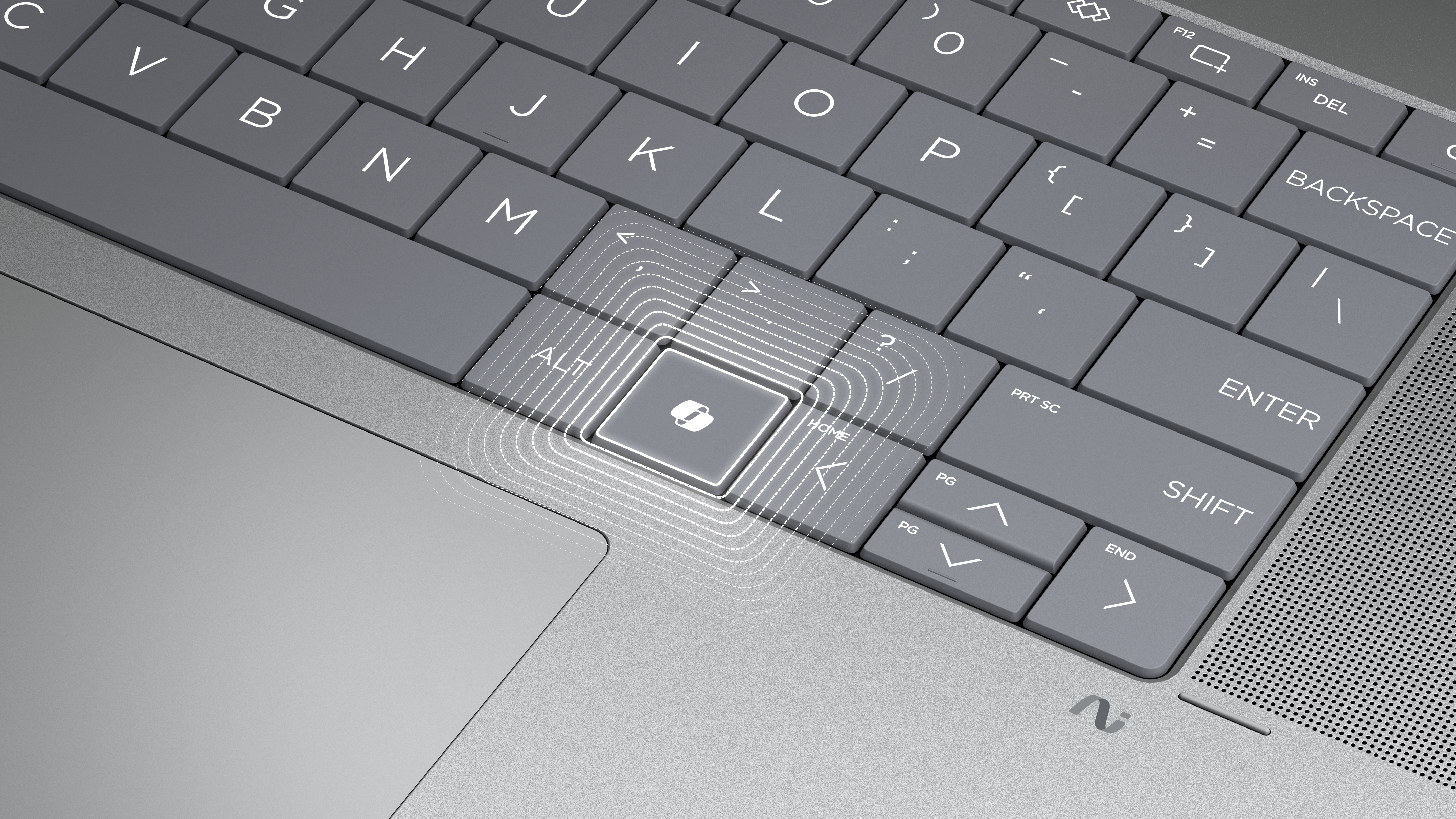 Nahaufnahme einer Laptop-Tastatur. Die Alt-Taste ist hervorgehoben. Graue Tasten mit weißen Buchstaben. Eine weiße, leuchtende Umrandung umgibt die Taste.