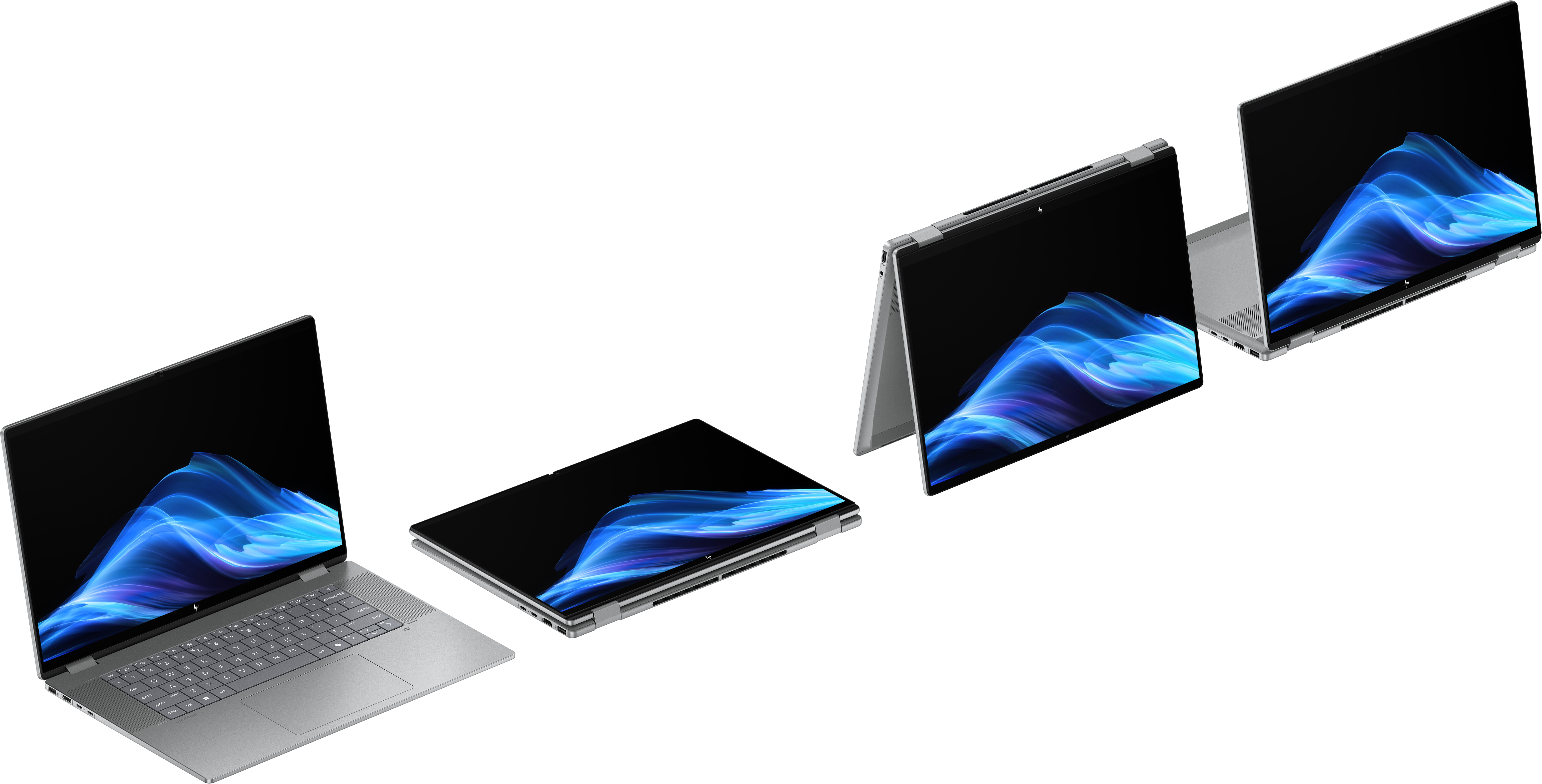 Vier silberne Laptops auf schwarzem Hintergrund. Bildschirme zeigen blaue und violette abstrakte Kunst.