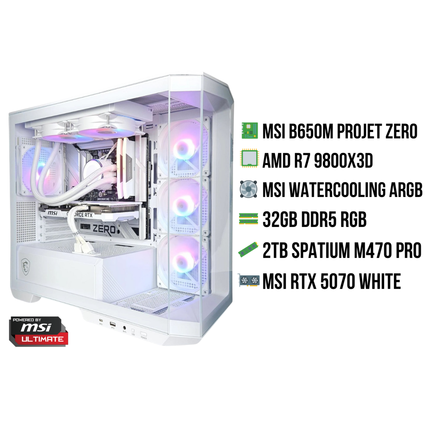 Een witte computerkast met componenten zoals MSI B650M, AMD R7, MSI waterkoeling, 32GB DDR5, 2TB en MSI RTX 5070, op een witte achtergrond.