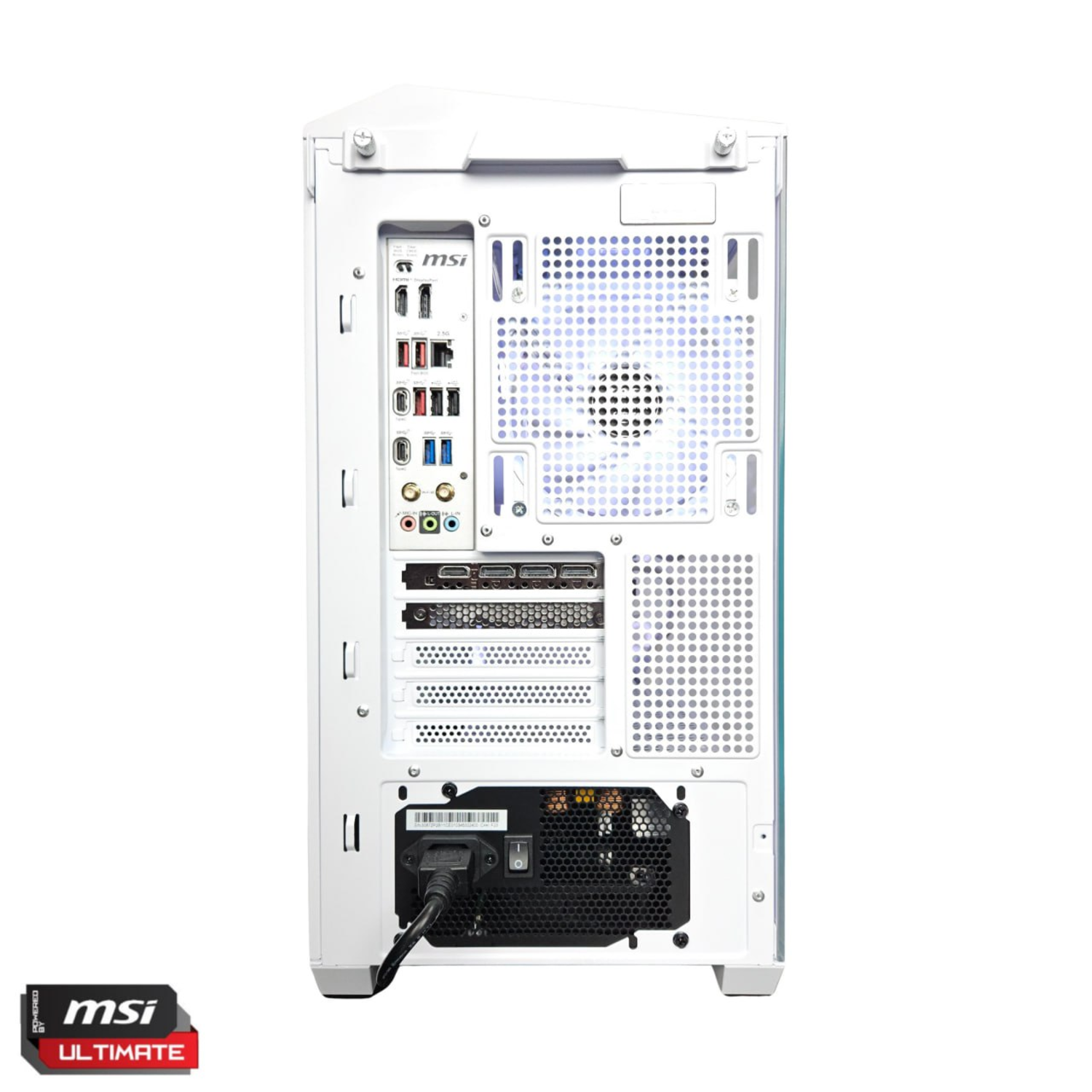 Achterkant van een witte MSI computerkast. Poorten, ventilator en voeding zijn zichtbaar. MSI logo linksonder.