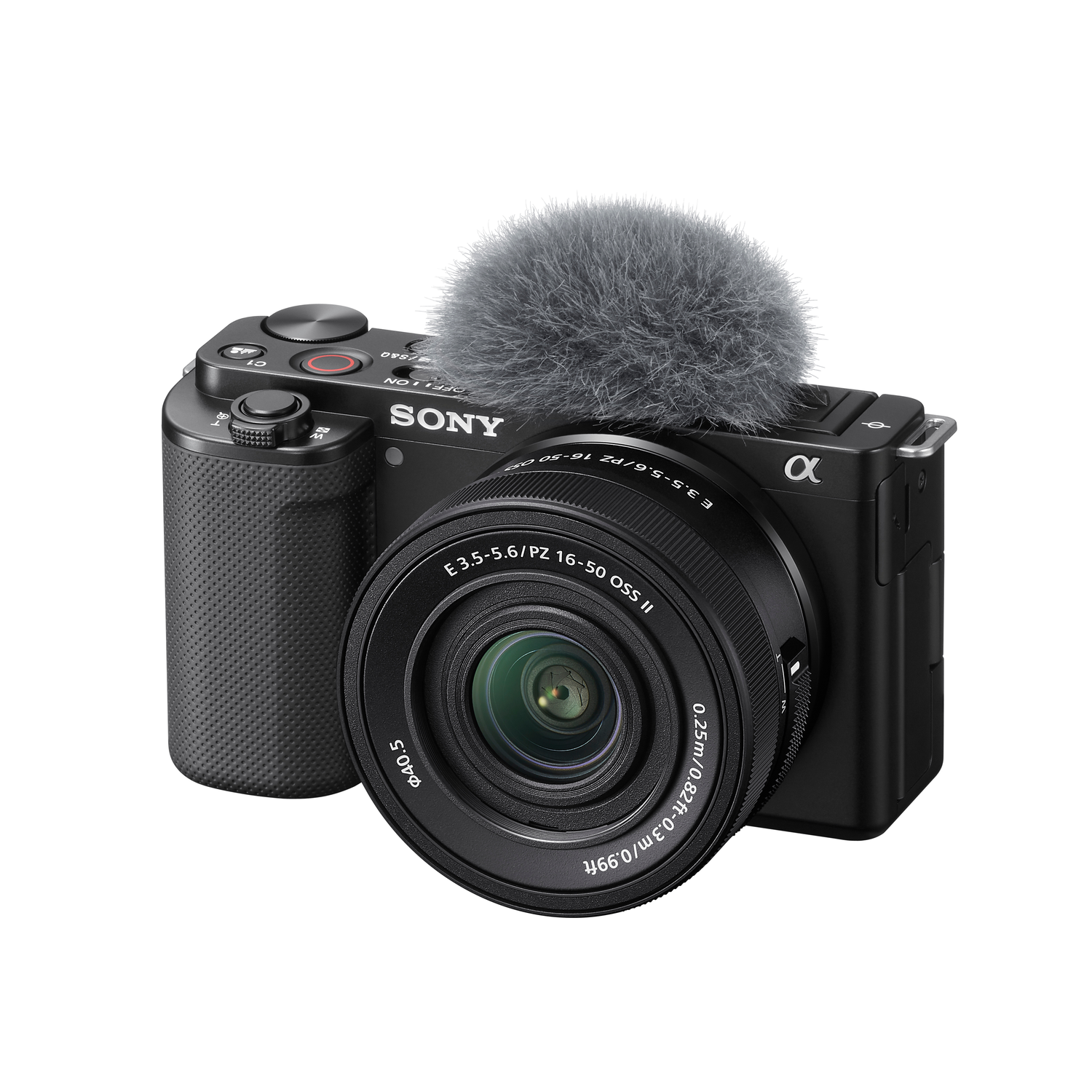 Een zwarte Sony camera met lens en microfoon. Het staat op een witte achtergrond. De lens heeft nummers.