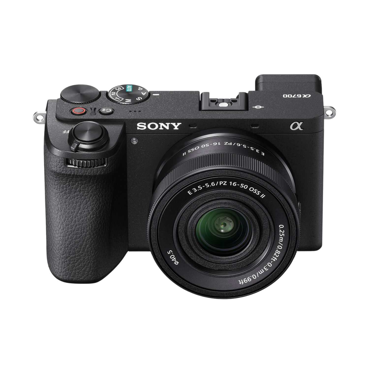 Een zwarte Sony Alpha camera met lens, knoppen en draaiknoppen. De camera staat tegen een zwarte achtergrond, met details.