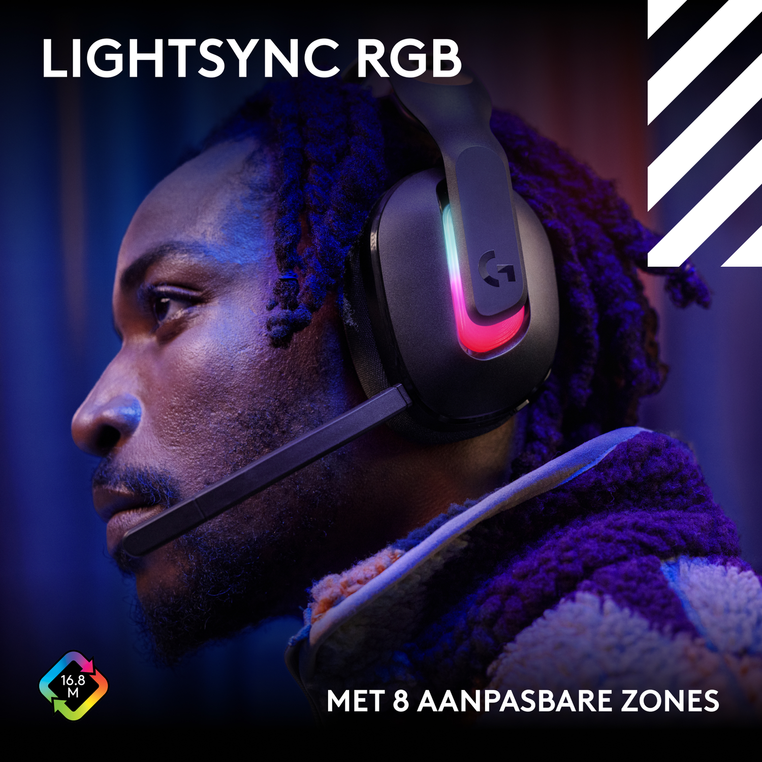 Man wearing Lightsync RGB headset. Black headset with colorful lights. Text: Lightsync RGB, Met 8 aanpasbare zones.