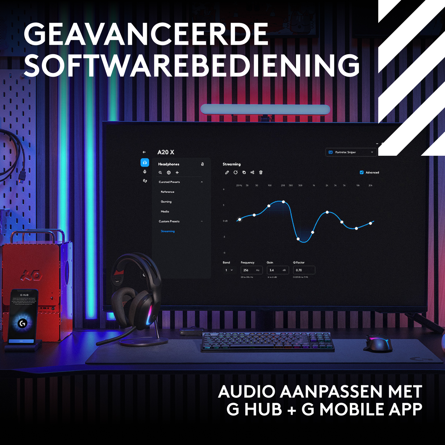A gaming setup with a monitor displaying audio settings, headphones, keyboard, mouse, and a phone showing the G HUB app interface.