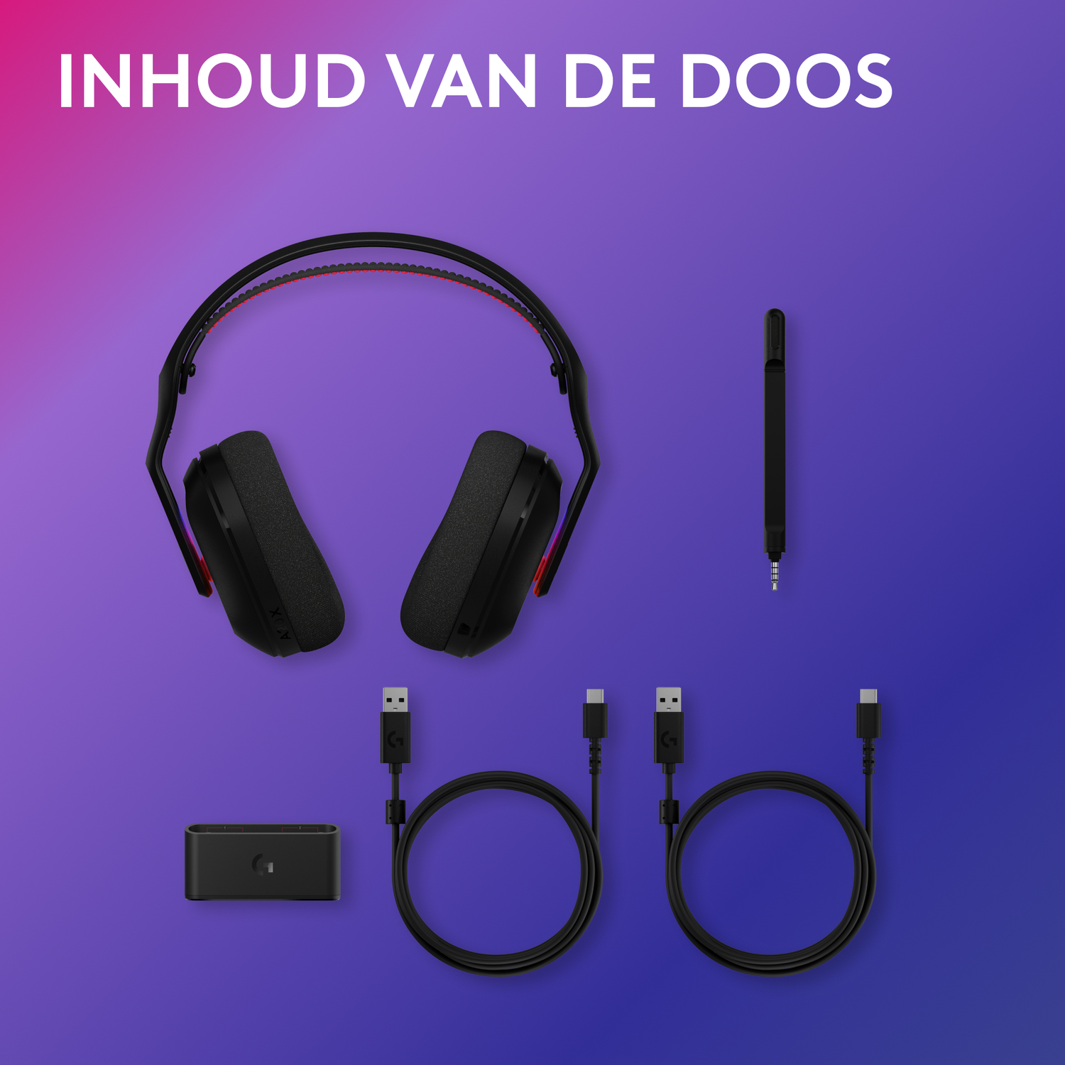 Black headset, USB cables, and a small receiver, on a purple and blue gradient background. Text 'Inhoud van de doos'.
