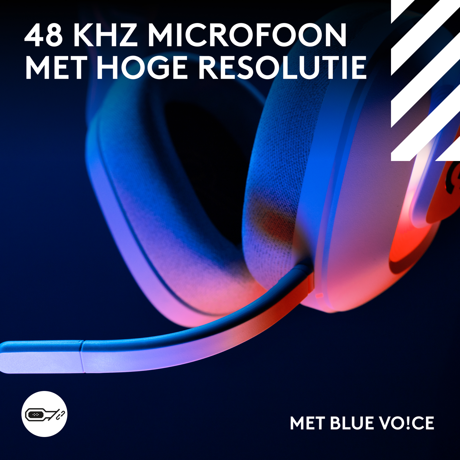 Een headset met een microfoon staat op de foto, met blauwe en rode lichten. Tekst: '48 KHZ MICROFOON MET HOGE RESOLUTIE'.