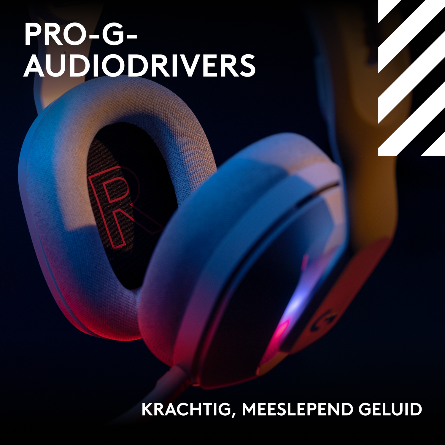 Een close-up van een gamingheadset. De oorschelpen zijn wit met een rode 'R'. Tekst luidt: PRO-G- AUDIODRIVERS en KRACHTIG, MEESLEPEND GELUID.