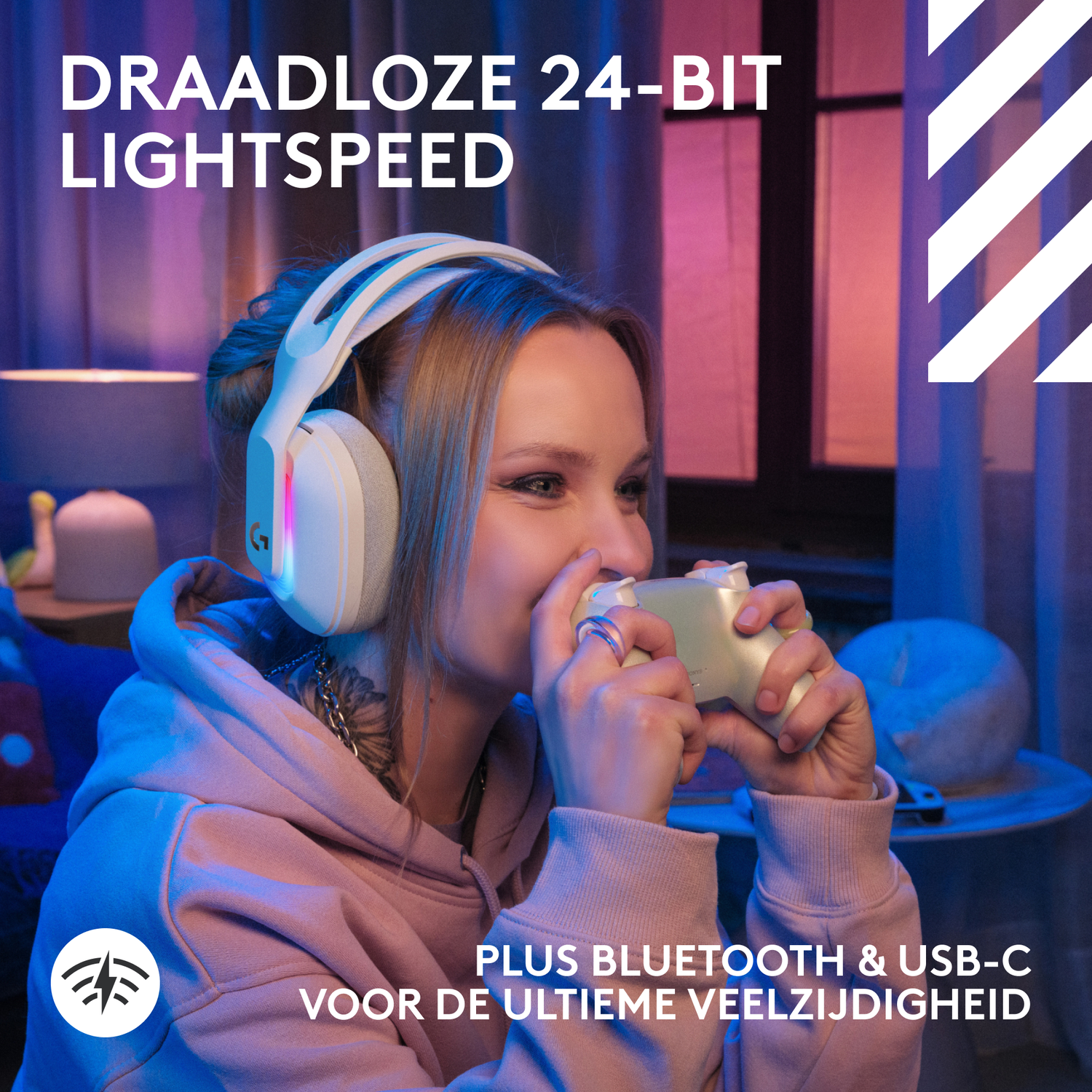 Een vrouw met een koptelefoon en een controller. Tekst: 'DRAADLOZE 24-BIT LIGHTSPEED' en 'PLUS BLUETOOTH & USB-C'.