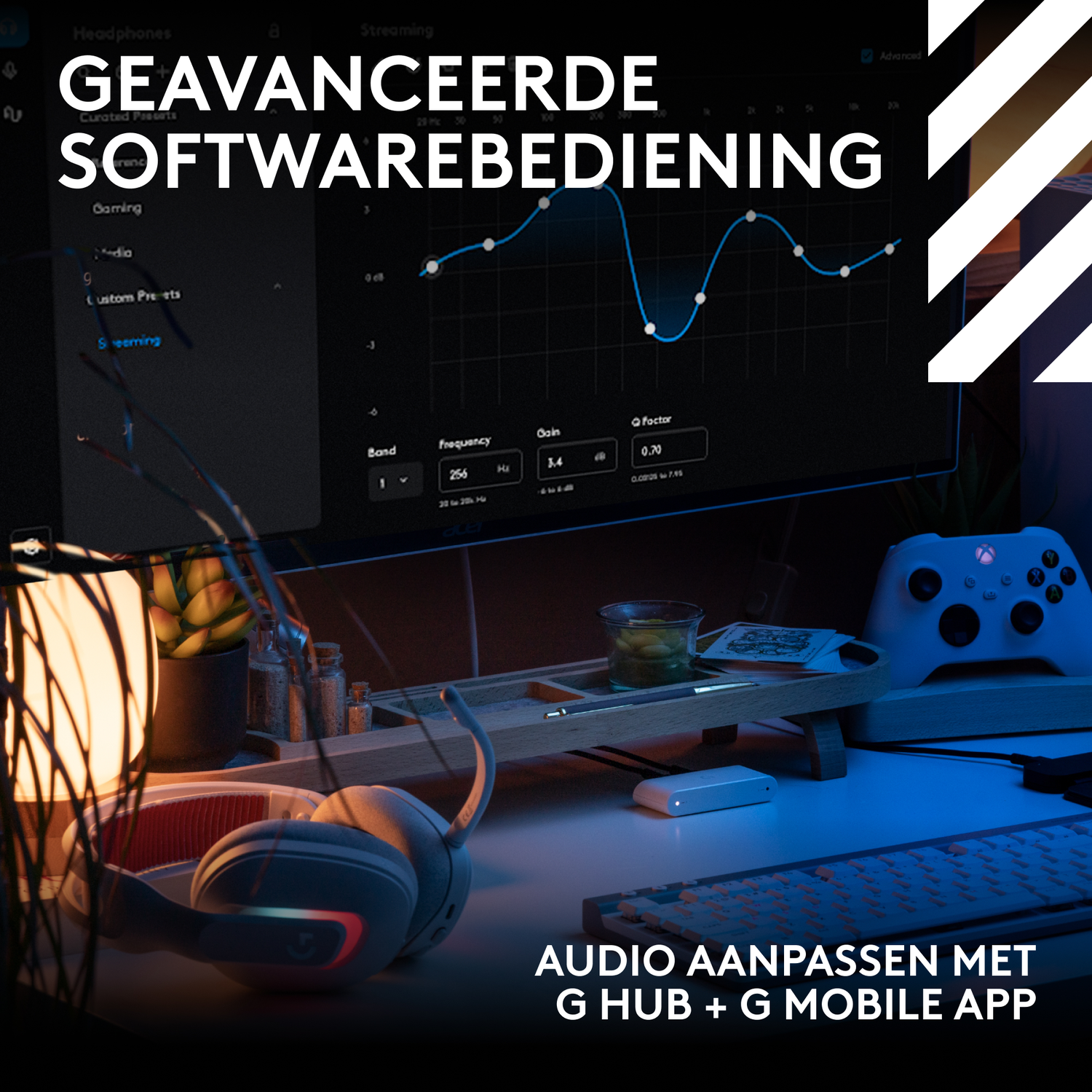 Gaming setup met koptelefoon, controller en monitor met software. Tekst: 'audio aanpassen' en 'G HUB'.