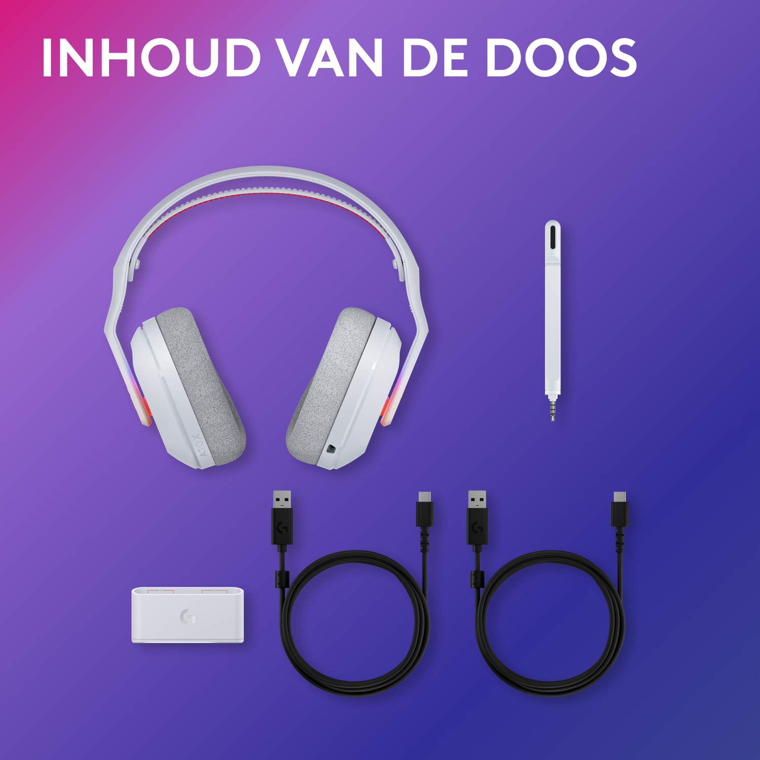 Witte headset, microfoon, kabels en een basis op een paarse gradiënt achtergrond. De tekst 'INHOUD VAN DE DOOS' staat erboven.