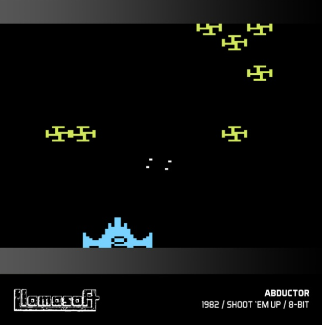 Ein Retro-Videospielbildschirm zeigt ein blaues Raumschiff unten und gelbe Alien-Schiffe im schwarzen Himmel.