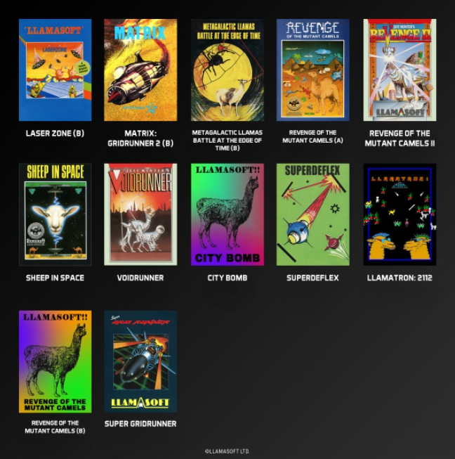 Sammlung von Spielcovern. Zu den Titeln gehören 'Laser Zone', 'Matrix', 'City Bomb', 'Revenge of the Mutant Camels' und 'Sheep in Space'.
