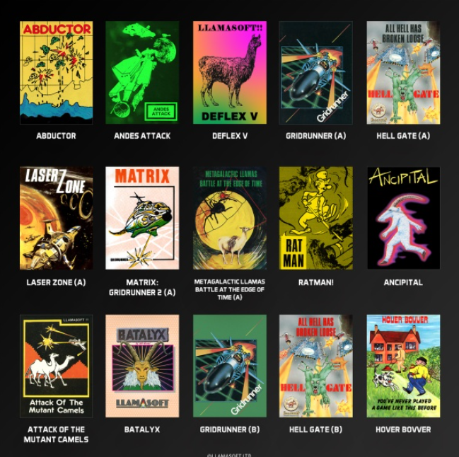 Eine Sammlung von Spielcovern. Titel sind 'Abductor', 'Andes Attack', 'Deflex V', 'Gridrunner' und 'Hell Gate'.