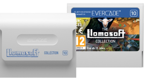 Eine Evercade-Spielkassette, 'The Llamasoft Collection 10'. Weißes Patronengehäuse mit Spielinformationen und einem Spielcover-Bild.