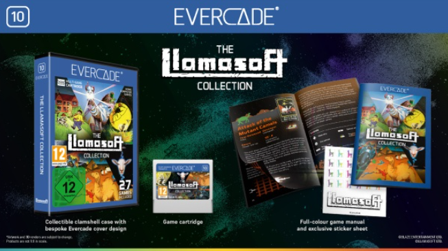 Das Bild zeigt 'The Llamasoft Collection' für Evercade. Enthält Spielhülle, Cartridge, Handbuch und Aufkleber mit farbenfroher Llamasoft-Kunst.