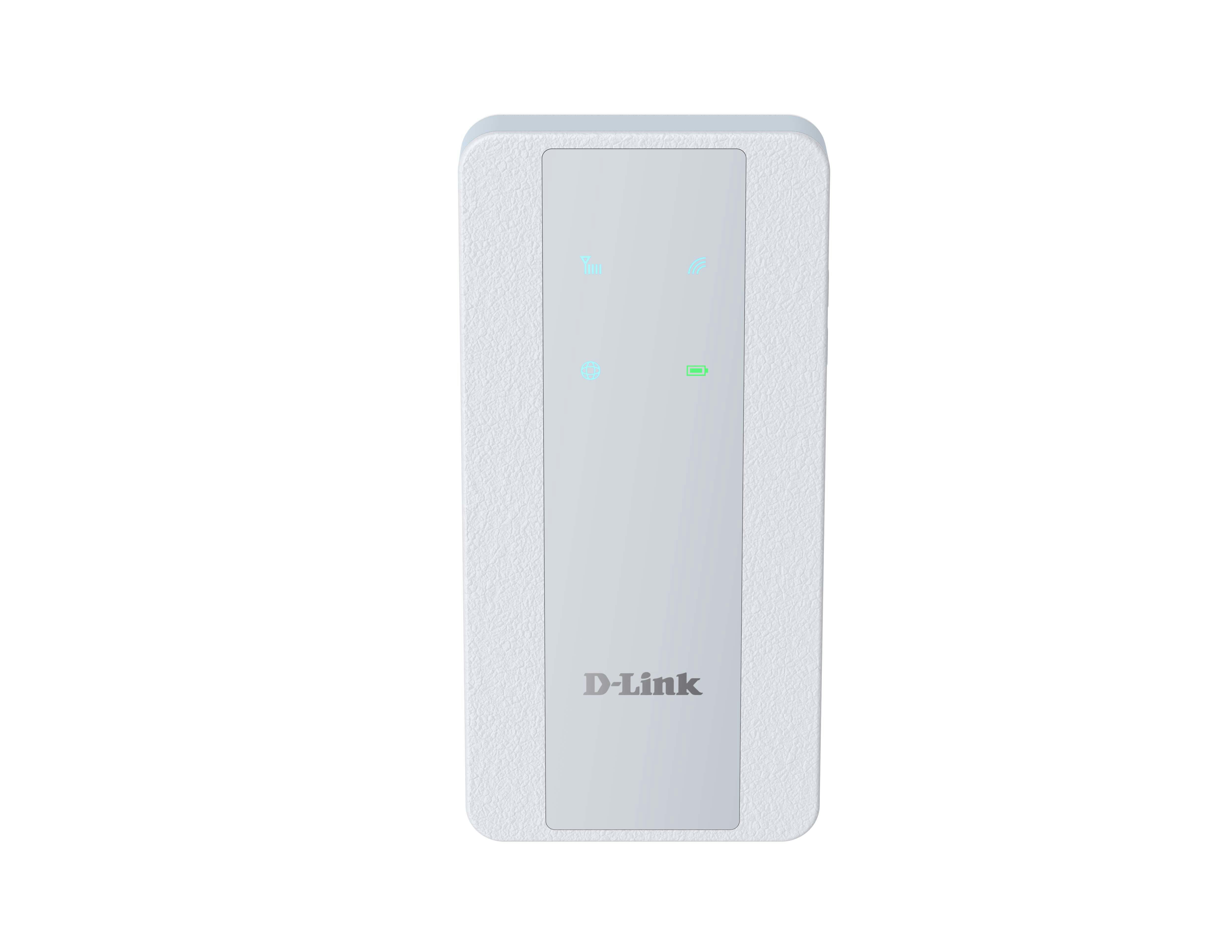 Weißes D-Link-Gerät. Es hat einen strukturierten Rand und eine glatte Mitte mit Symbolen und dem D-Link-Logo.