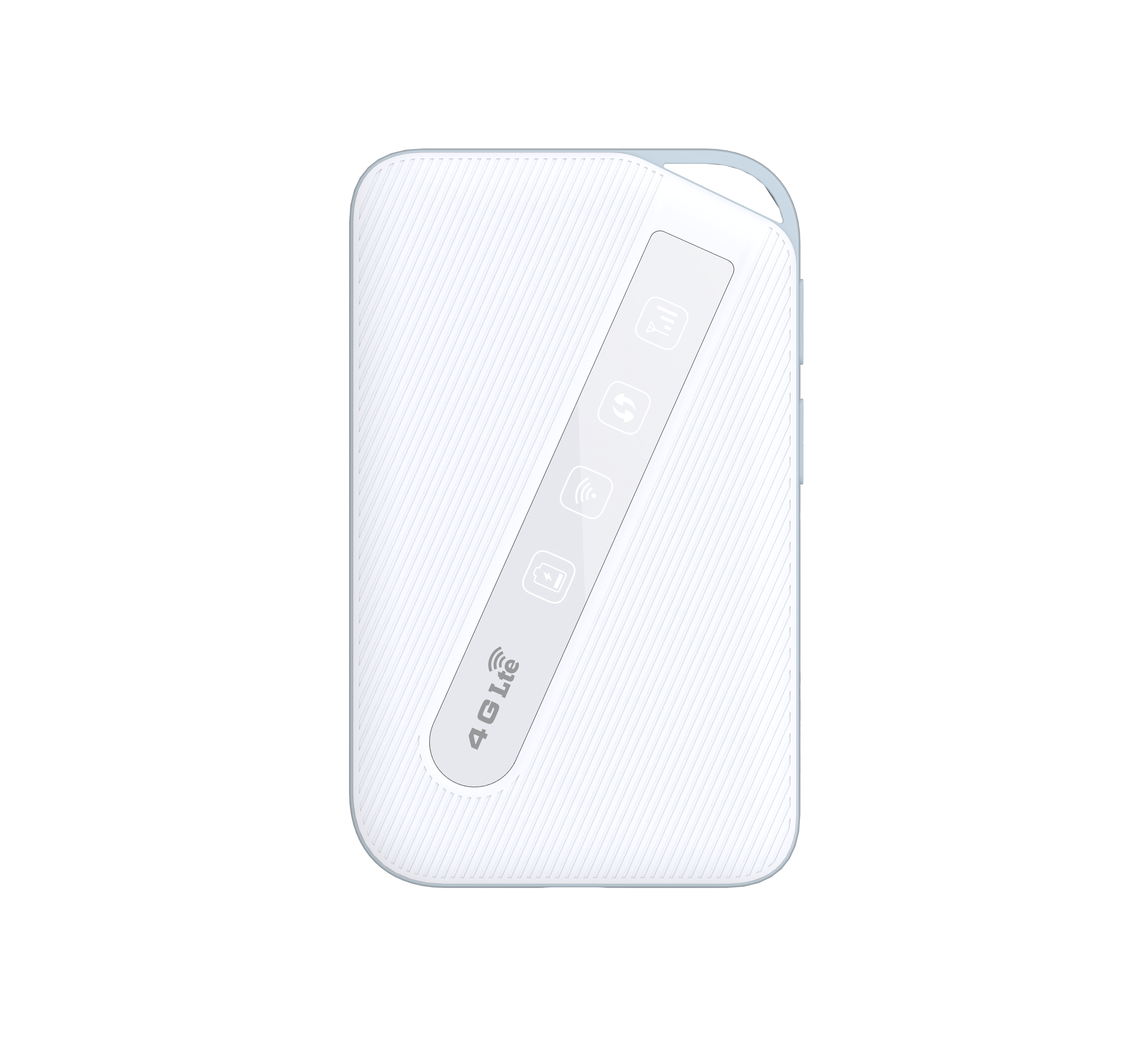 Ein weißer 4G-LTE-Router wird auf weißem Hintergrund gezeigt. Er hat einen Bildschirm mit Symbolen und einen Ein- / Ausschalter.