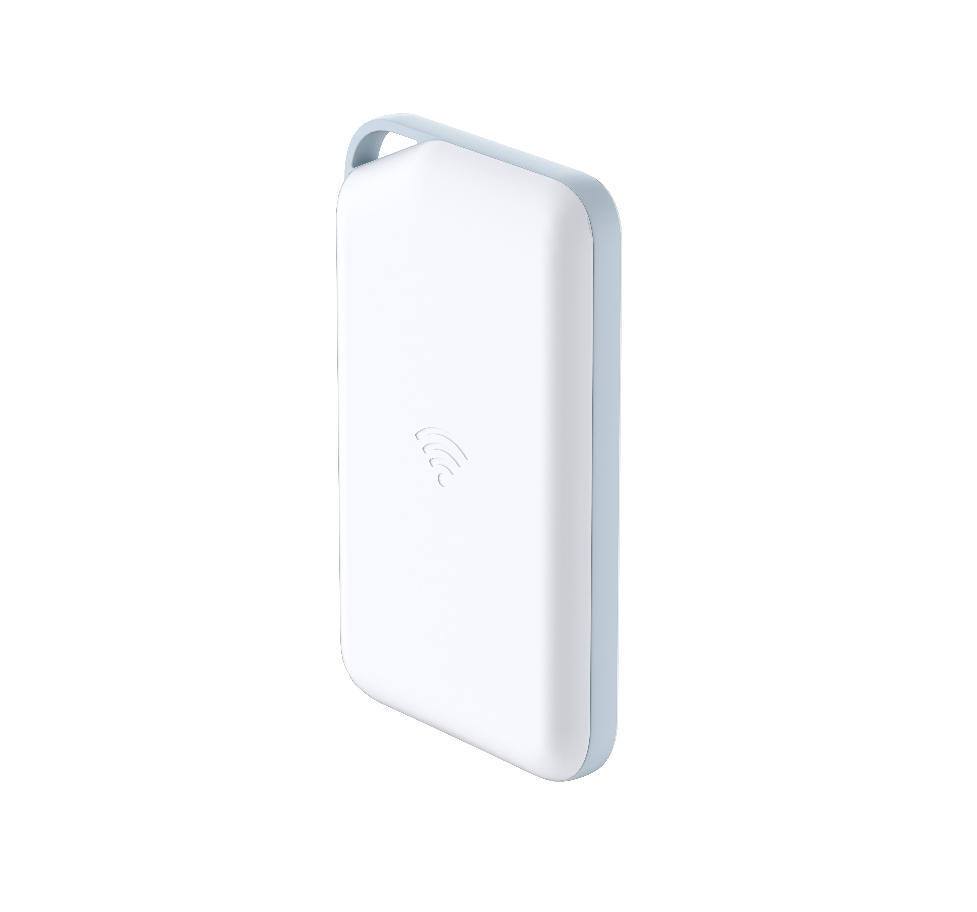 Weißes rechteckiges Gerät mit abgerundeten Kanten, hellblauen Zierleisten und einer Schlaufe. Ein WLAN-Symbol ist vorne.